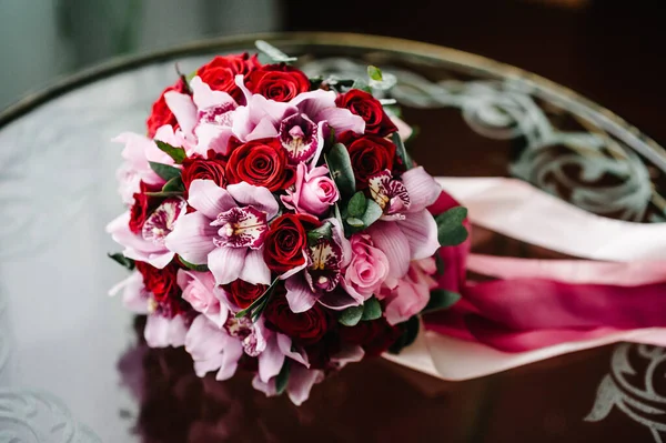 Big bouquet of flowers on the table. Wedding bridal bouquet.