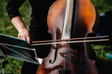 Çellocu eller. Viyolonselci, çello çalıyor. Müzikal sanat, müzikteki kavram tutkusu. Klasik müzik profesyonel çello çalgıcısı solo performansı. Tanınmayan kişi.
