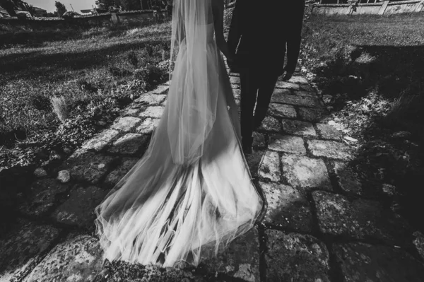 美しい肖像画の結婚式のカップルは 古代建築 古い建物 ヴィンテージ宮殿の屋外の近くを歩いている 大気圏通り 後ろだ 白黒写真 — ストック写真