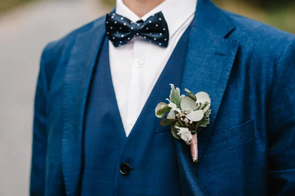 Attraente Sposo Con Papillon Abito Con Boutonniere Asola Sulla Giacca — Foto Stock