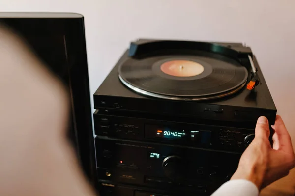 Man Turns Turntable Young Man Going Listen Music Old Player — Stock Photo, Image