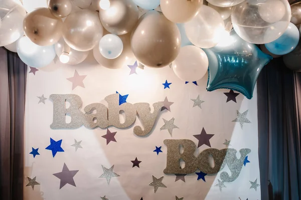 Decoración Para Cumpleaños Fondo Azul Blanco Plata Globos Estrellas Fiesta — Foto de Stock