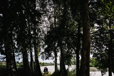 Genç bir çift arkada oturuyor, ormanın içinde göl kenarında öpüşüyor ve sarılıyorlar ve bir sürü ağaç var. Doğa, manzara.