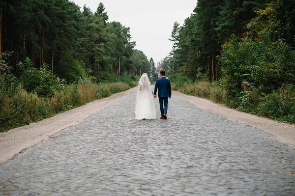 Matrimonio Coppia Piedi Nella Natura Gli Sposi Vanno Sulla Strada — Foto Stock