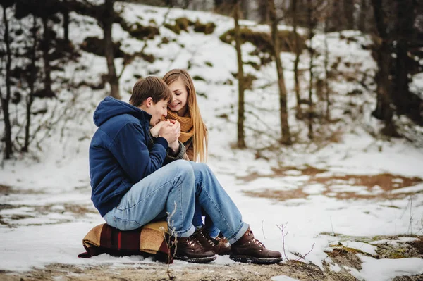 雪の公園で屋外で楽しい時間を過ごしている幸せなカップル 冬休み — ストック写真