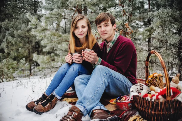 情人节这天 一对快乐的年轻夫妇在一个雪地的公园野餐时的画像 男人和女孩在森林里喝着含酒精的葡萄酒 圣诞节 新年快乐 — 图库照片