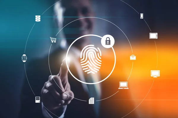 Biometrisches Sicherheitskonzept Mit Fingerabdruckscanner Und Gesichtserkennung Geschäftsmann Wählt Moderne Schnittstelle — Stockfoto