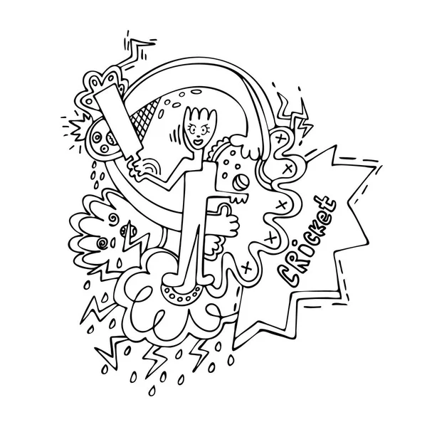 Kriket doodle vektör çizim oynarken topa vuran oyuncu