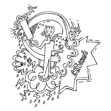 Kriket doodle vektör çizim oynarken topa vuran oyuncu