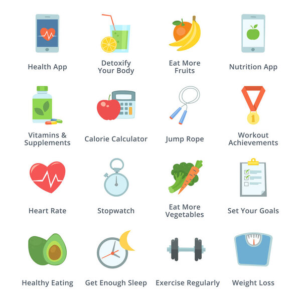 Плоские значки здорового образа жизни, отлично подходят для презентаций, веб-дизайна или любого типа дизайнерских проектов
.