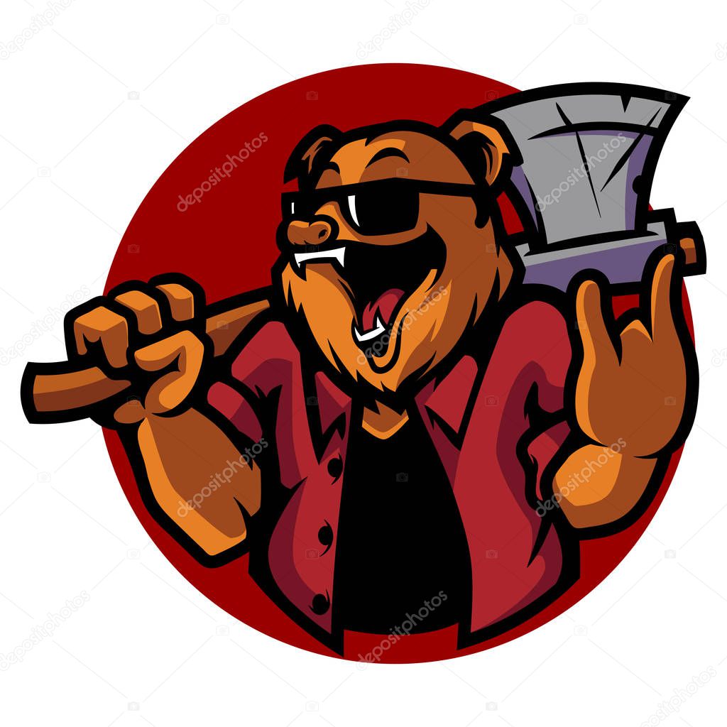 Angry bear vector mascot illustration with glasses and ax