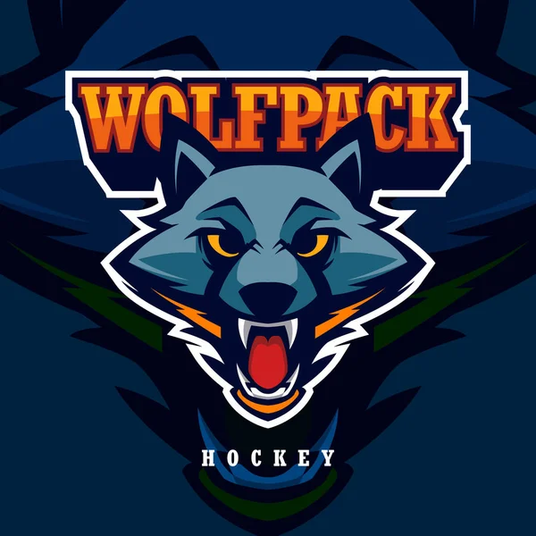 Illustration vectorielle de mascotte de logo de hockey américain tête de loup — Image vectorielle