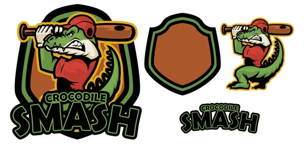 Θυμωμένος κροκόδειλος μασκότ λογότυπο εικονογράφηση με μπαστούνι του μπέιζμπολ — Διανυσματικό Αρχείο