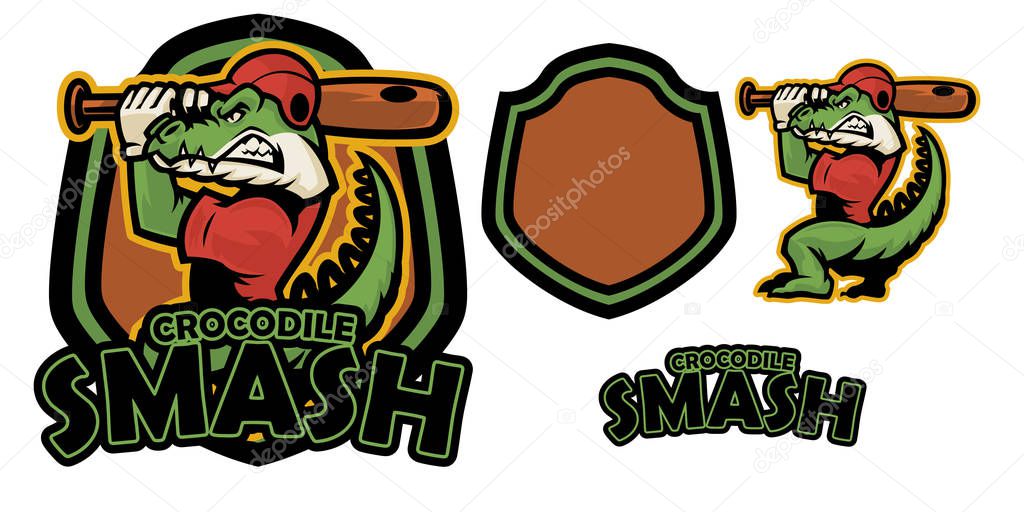 Angry crocodile mascot logo illustration with baseball stick