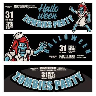 Arka planda onu hemşire üniforma karakterleri giyen hemşire zombi ile Halloween Banners. Gece sonbahar manzara