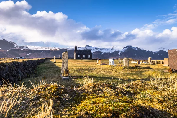 Snaefellsjoekull Május 2018 Budakirkja Templom Snaefellsjoekull Nemzeti Park Izland — Stock Fotó