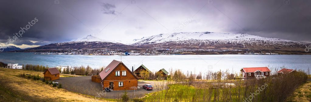 Icelandic countryside - May 07, 2018: Panorama of small town in Iceland
