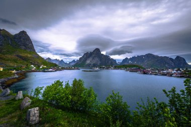 Panoramik şehir Reine Lofoten Adaları, Norveç