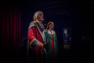 Borg - 15 Haziran 2018: Heykel Viking Yaş soylular Lofotr Viking Müzesi, Borglar Lofoten Adaları, Norveç