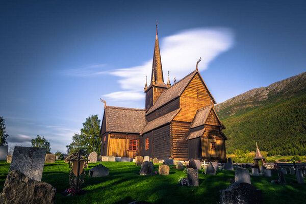 Lom - July 29, 2018: The Stave Church of Lom, Norway