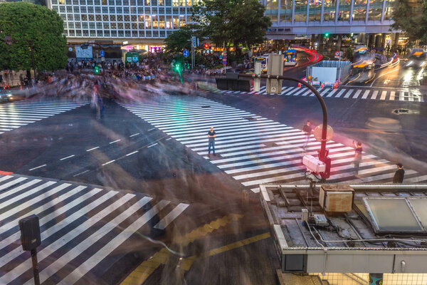 Tokyo - May 21, 2019: The scramble crossing in the district of Shibuya in Tokyo, Japan
