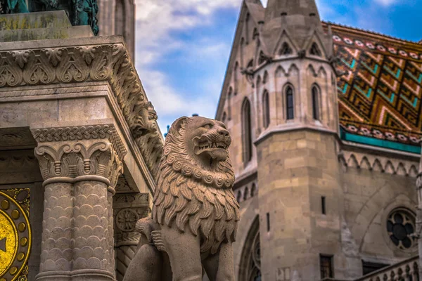 Budapest - June 22, 2019: Lion statue in the Buda side of Budape — Stock Photo, Image