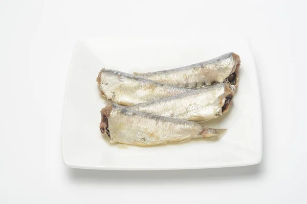 Sardines Conserve Huile Végétale Sur Fond Blanc — Photo