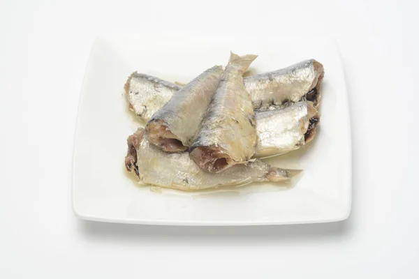 Canned sardines in vegetable oil on white background