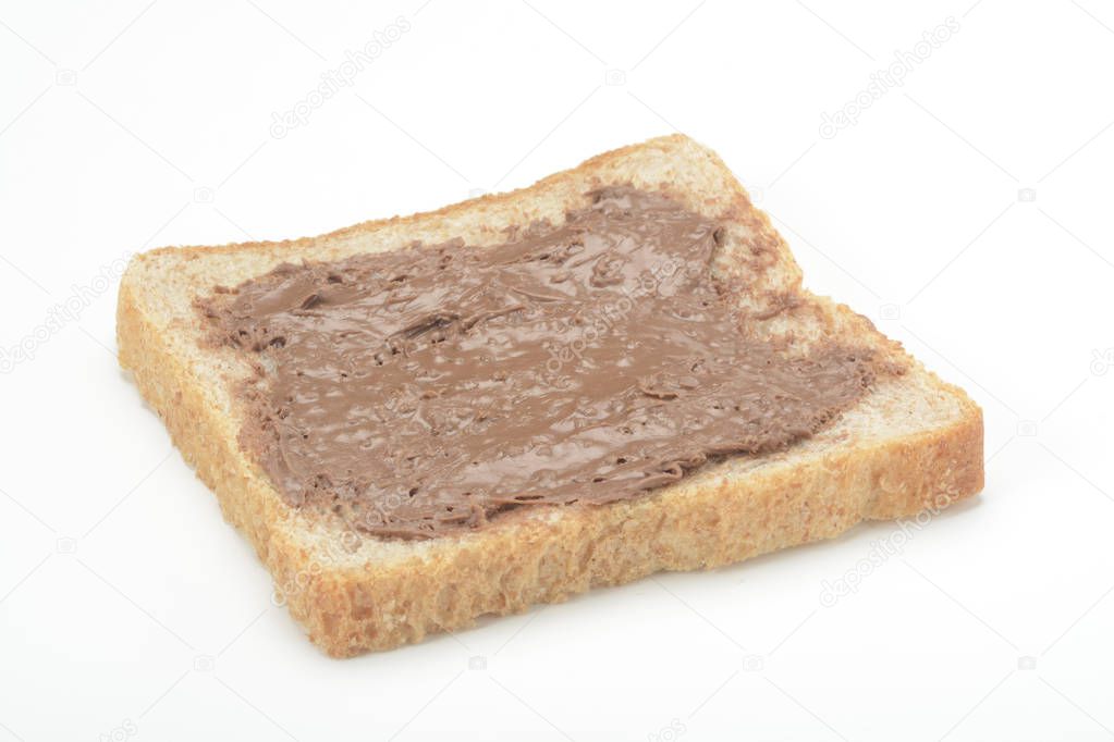 Toast with chocolate cream on white background