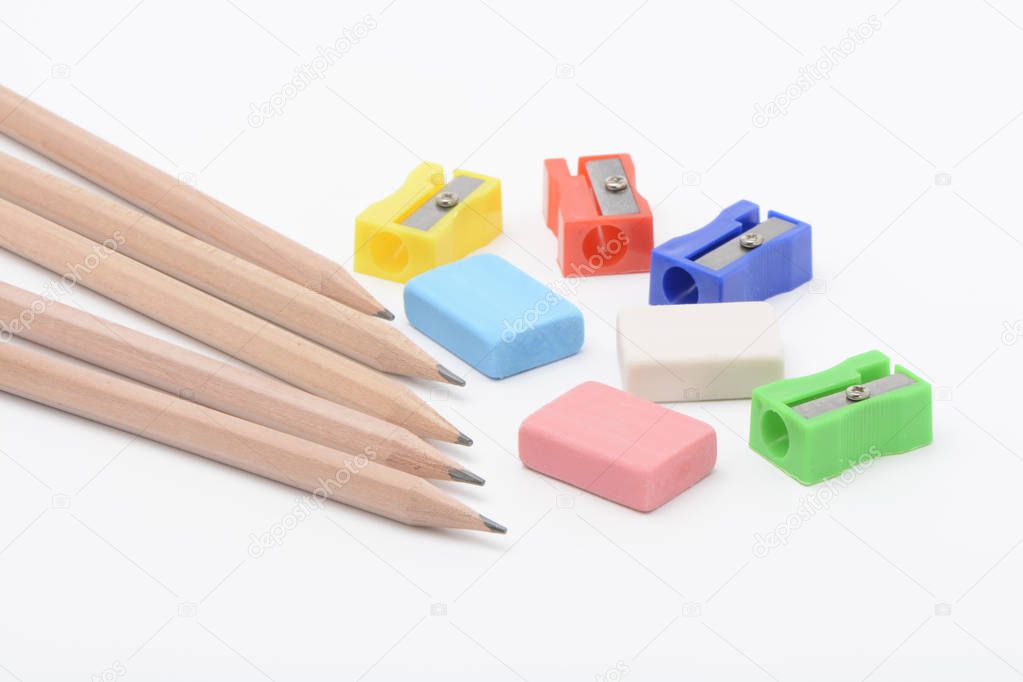 Pencils, pencil sharpeners and erasers