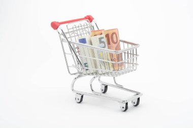 Alışveriş sepeti ve Euro banknotlar 5 ve 10 euro