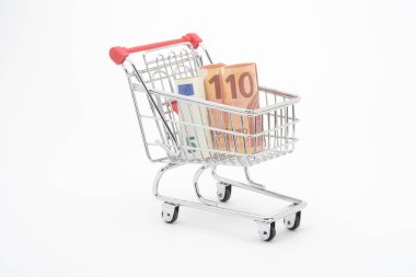 Alışveriş sepeti ve Euro banknotlar 5 ve 10 euro