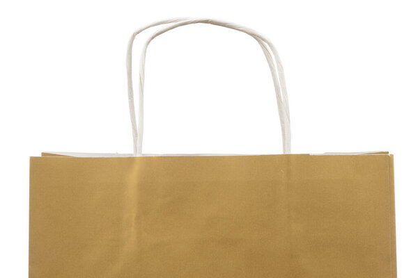 Бумажные пакеты для покупки золота или желтого цвета, детали ручки на белом фоне
