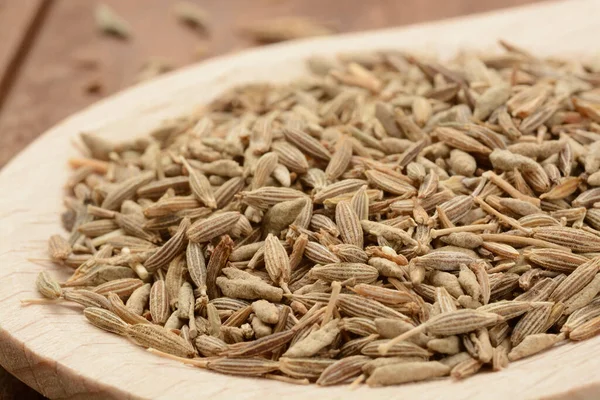 Cumin Fazole Dřevěné Lžíci Dřevěném Pozadí Detail — Stock fotografie