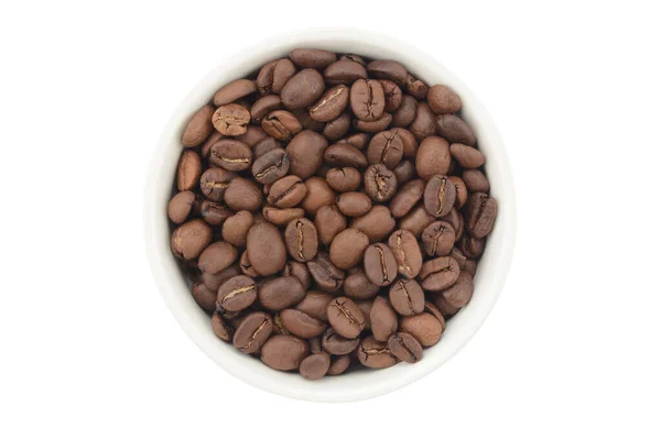 白いセラミックボウルにコーヒー豆 トップビュー — ストック写真