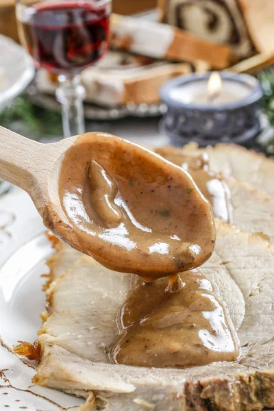 Sliced Baked Pork Mushroom Sauce Festive Dish — Stock Photo, Image