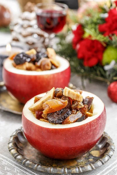 Red Christmas Apple Stuffed Dried Fruits Honey Festive Dessert — Stock Photo, Image