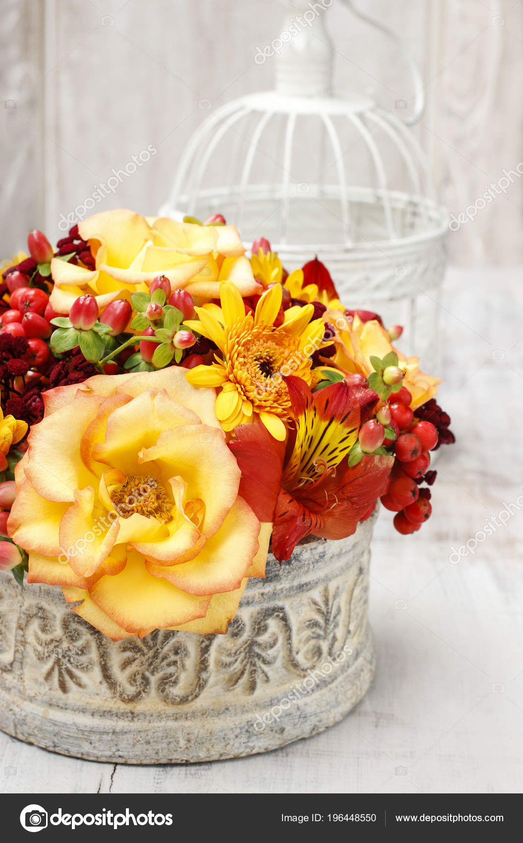 Floral Arrangement Orange Roses Autumn Plants Vintage Ceramic Vase