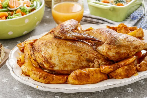 Roasted chicken with apples. Party dish