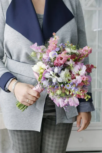 Woman Holding Beautiful Bouquet Flowers Party Time — Stock Photo, Image