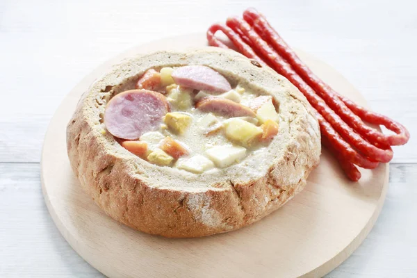 Sour Rye Soup Loaf Bread Easter Breakfast Table — Stock Photo, Image