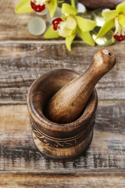 Wooden Mortar Table Cooking Time — Stock Photo, Image