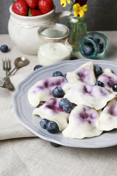 Dumplings Blueberries Summer Dessert — Stock Photo, Image