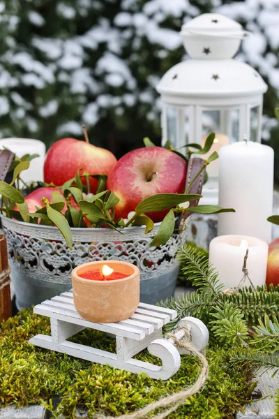 Christmas Garden Decoration Apples Lanterns Festive Decor — Stock Photo, Image