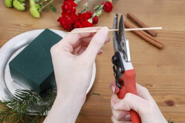 İş yerinde çiçekçi: karanfil, krizantem santini çiçek ve köknar Noel çiçek düzenleme yapmak. Adım adım, öğretici.