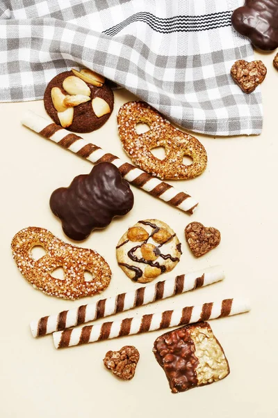 Mezcla Dulces Galletas Chocolates Pralinés Copiar Espacio — Foto de Stock