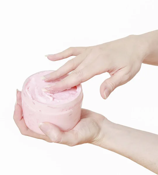 Mulher Segurando Uma Caixa Com Creme Mão Hidratante Rosa Hora — Fotografia de Stock