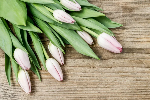 Piękne Różowe Tulipany Drewnianym Tle Przestrzeń Kopiowania — Zdjęcie stockowe