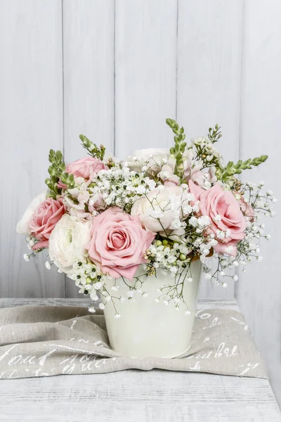 Bouquet Van Rozen Matthiolas Ranunculus Bloemen Briefkaart Motief — Stockfoto