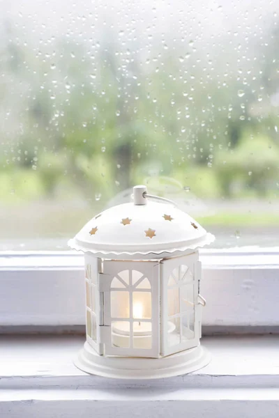 Lanterne Fer Blanc Près Fenêtre Décor Maison — Photo